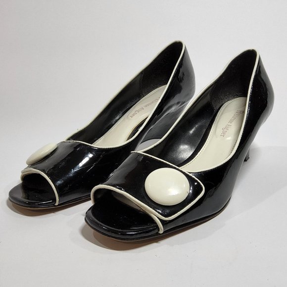 Etienne Aigner patent leather wedges open toe black and white Size 8 - Picture 1 of 7